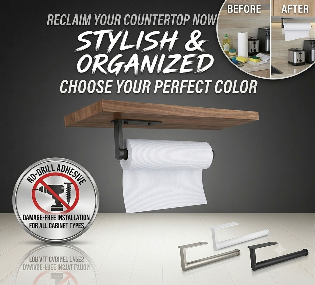 Kitchen Carbon Steel Paper Towel Holder No Punch Cabinet Paper Shelf Household Roll Paper Hanger Plastic Wrap Rag Storage Rack