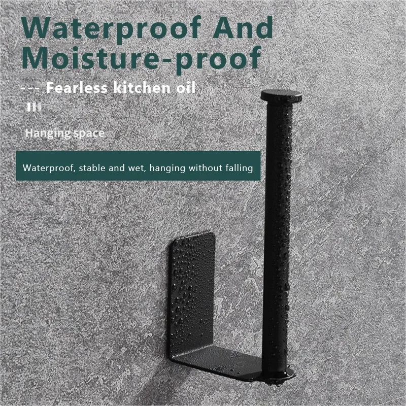 Kitchen Carbon Steel Paper Towel Holder No Punch Cabinet Paper Shelf Household Roll Paper Hanger Plastic Wrap Rag Storage Rack