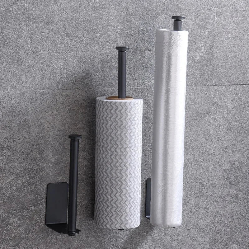 Kitchen Carbon Steel Paper Towel Holder No Punch Cabinet Paper Shelf Household Roll Paper Hanger Plastic Wrap Rag Storage Rack